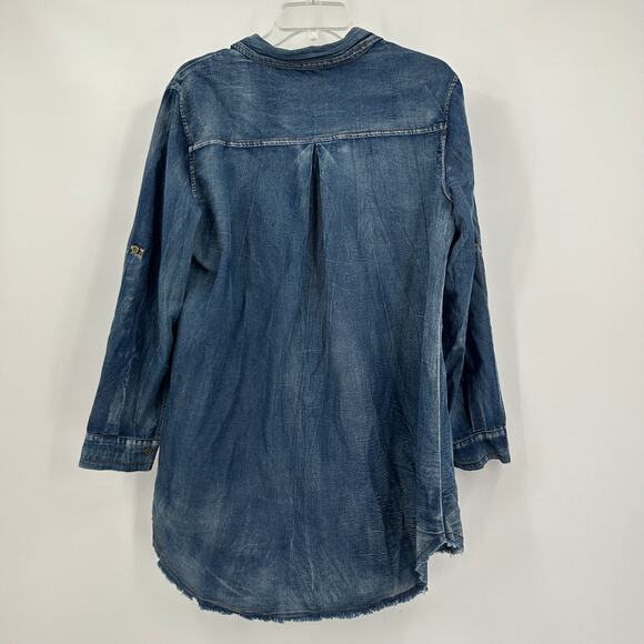 Lara Fashion Womens Denim Shirt L Chambray Button Front Utility Casual Boho - Picture 2 of 8
